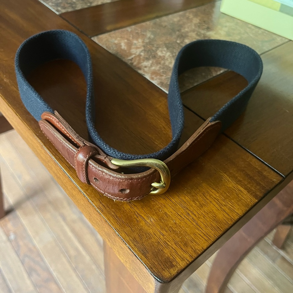 COACH Leather Canvas Fabric Waist Belt Mens Size 38 Navy Gold Buckle 3880